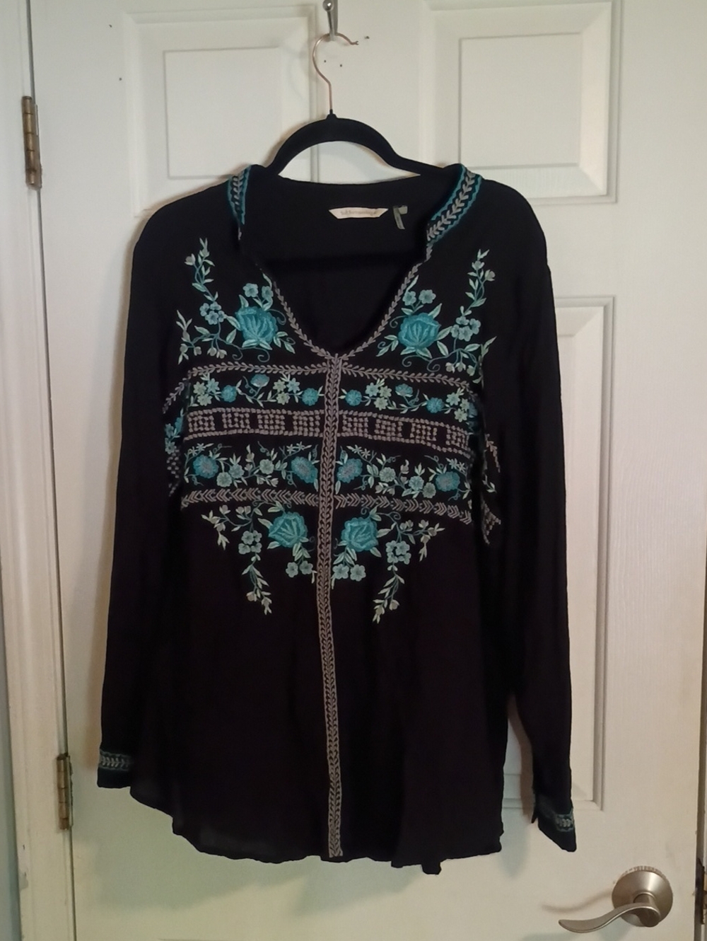 Soft Surroundings Black Tunic with Teal Floral Embroidery